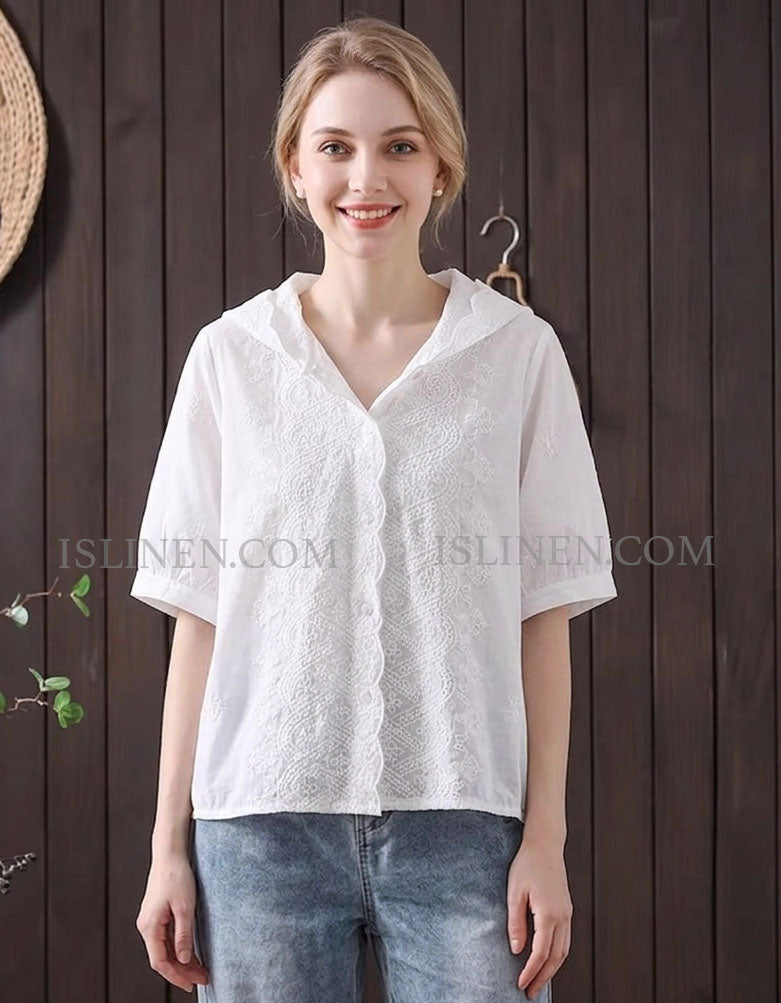 Women White Embroidered Hooded Blouse Casual Loose