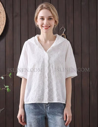Women White Embroidered Hooded Blouse Casual Loose