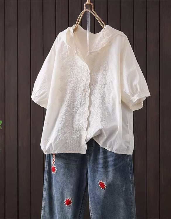 Women Loose White Hoodie Blouse Embroidered Top