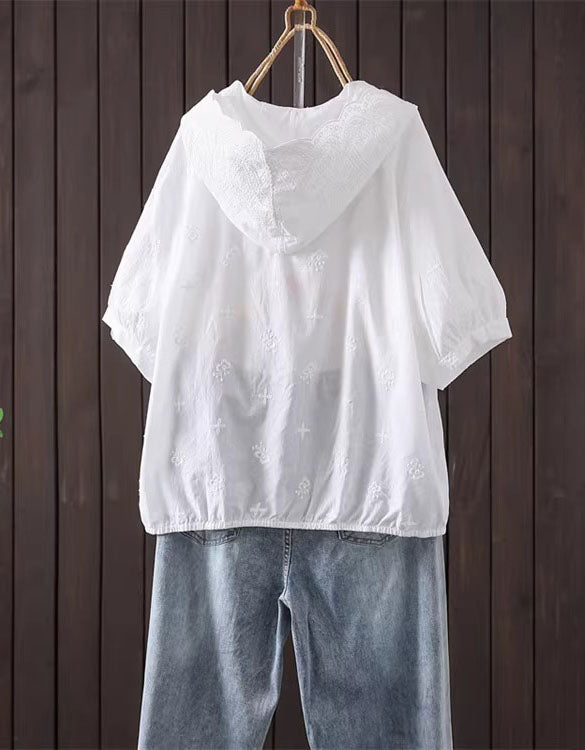 Casual White Embroidered Hooded Shirt Women Loose