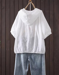 Casual White Embroidered Hooded Shirt Women Loose