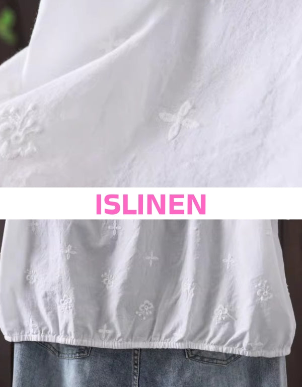 Women Cotton Linen Embroidery Hooded Summer Blouse