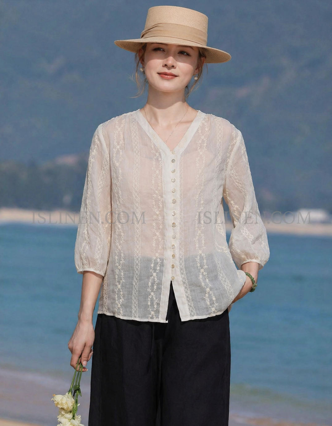 Women’s White Linen Button Down V-Neck Summer Blouse