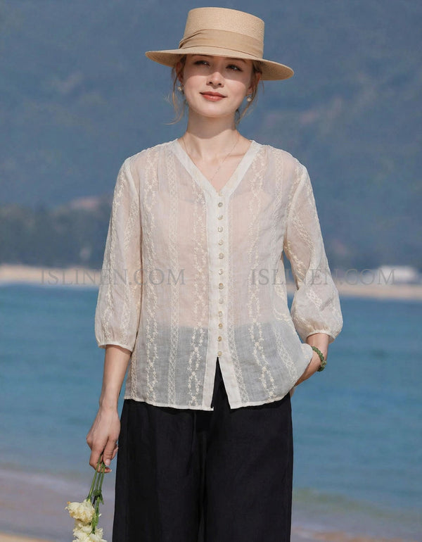 Women’s White Linen Button Down V-Neck Summer Blouse