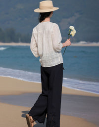 Breathable Linen V-Neck Button Shirt Women Summer Wear