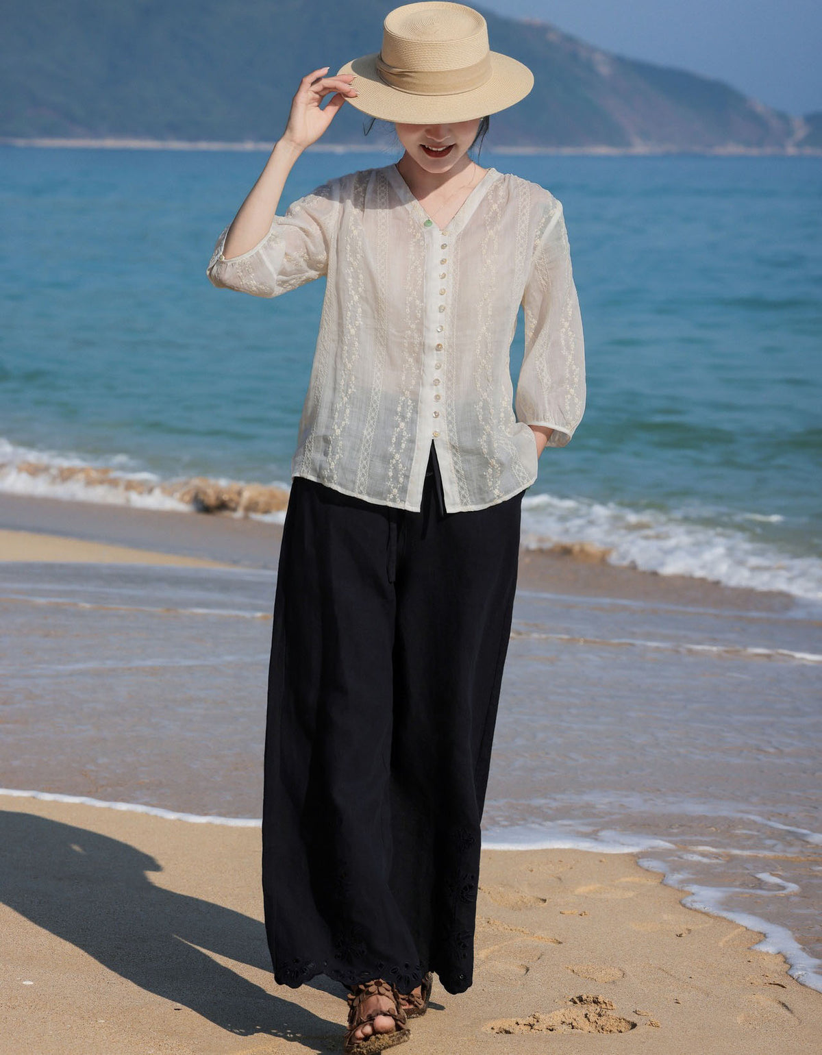 Lightweight White Linen Shirt V-Neck Button Summer Top