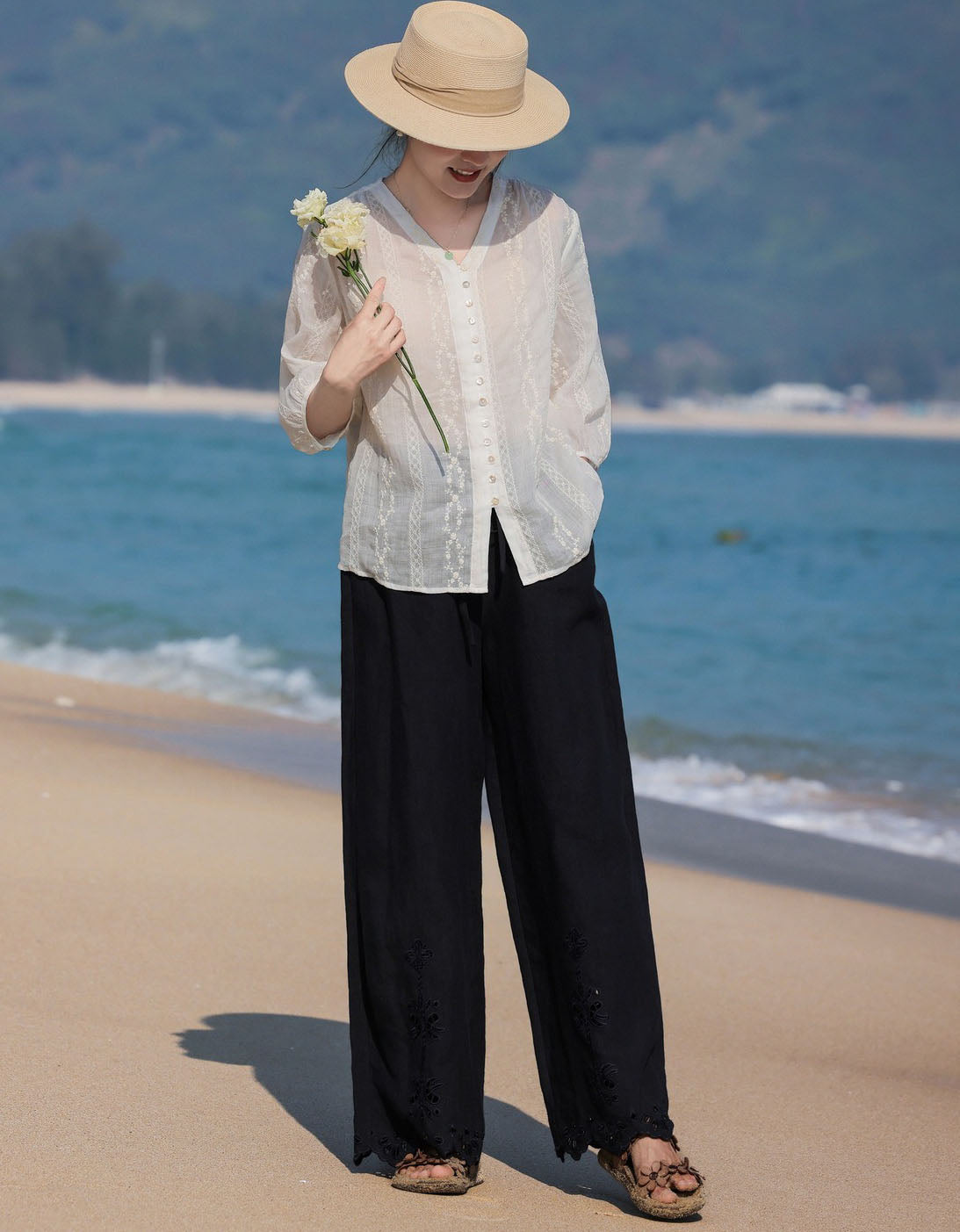 Elegant White Linen Blouse Button Front V-Neck Top