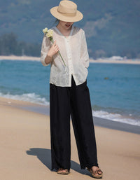 Elegant White Linen Blouse Button Front V-Neck Top