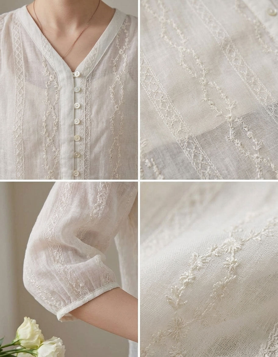 Casual White Linen Button Blouse Lightweight Summer Top