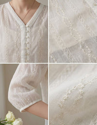 Casual White Linen Button Blouse Lightweight Summer Top