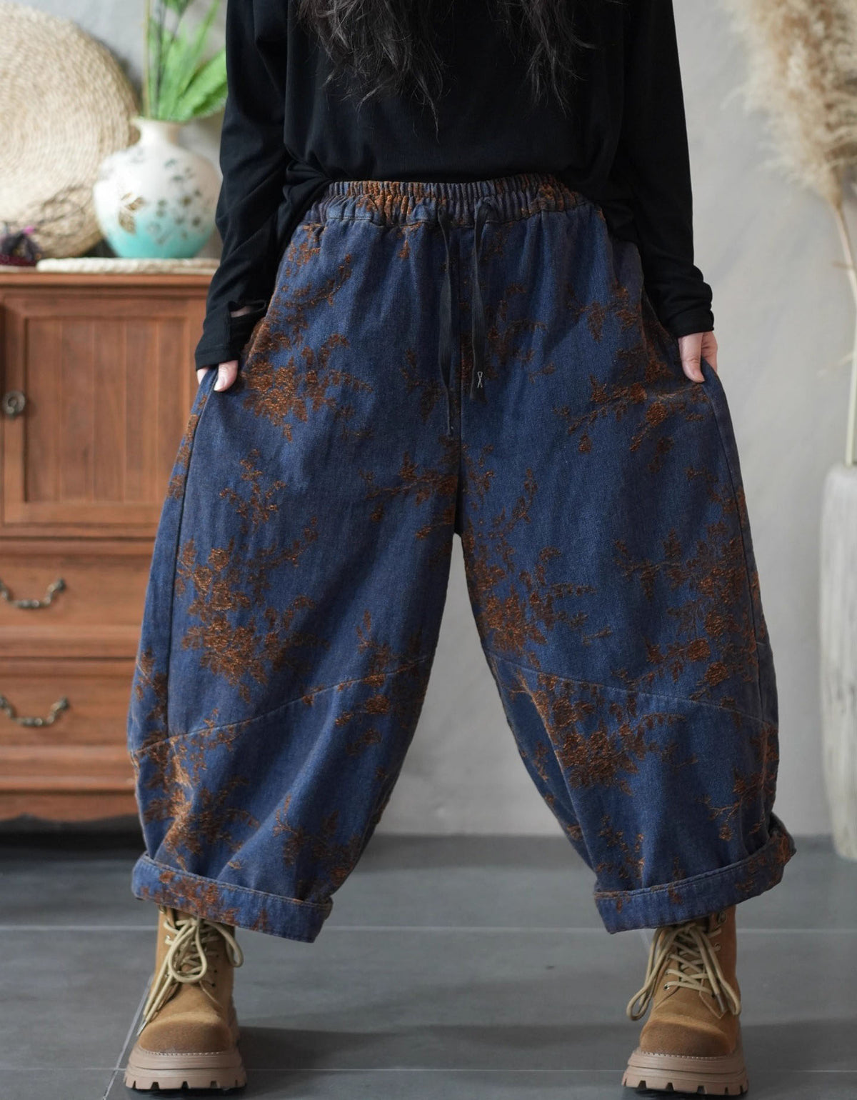 Women Winter Casual Embroidered Wide Leg Baggy Pants