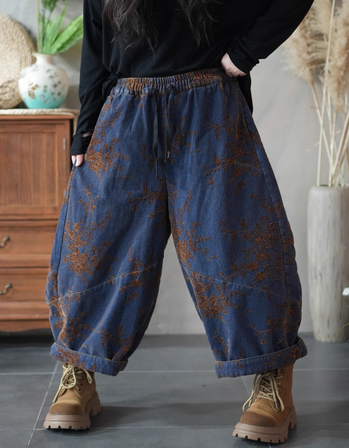 Women Winter Casual Embroidered Wide Leg Baggy Pants