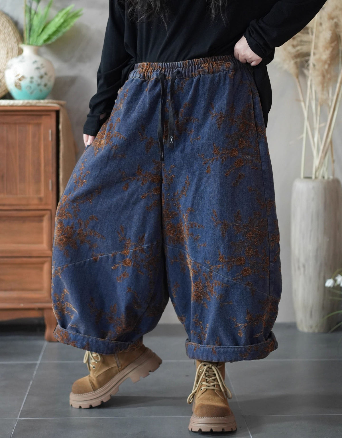 Women Winter Casual Embroidered Wide Leg Baggy Pants