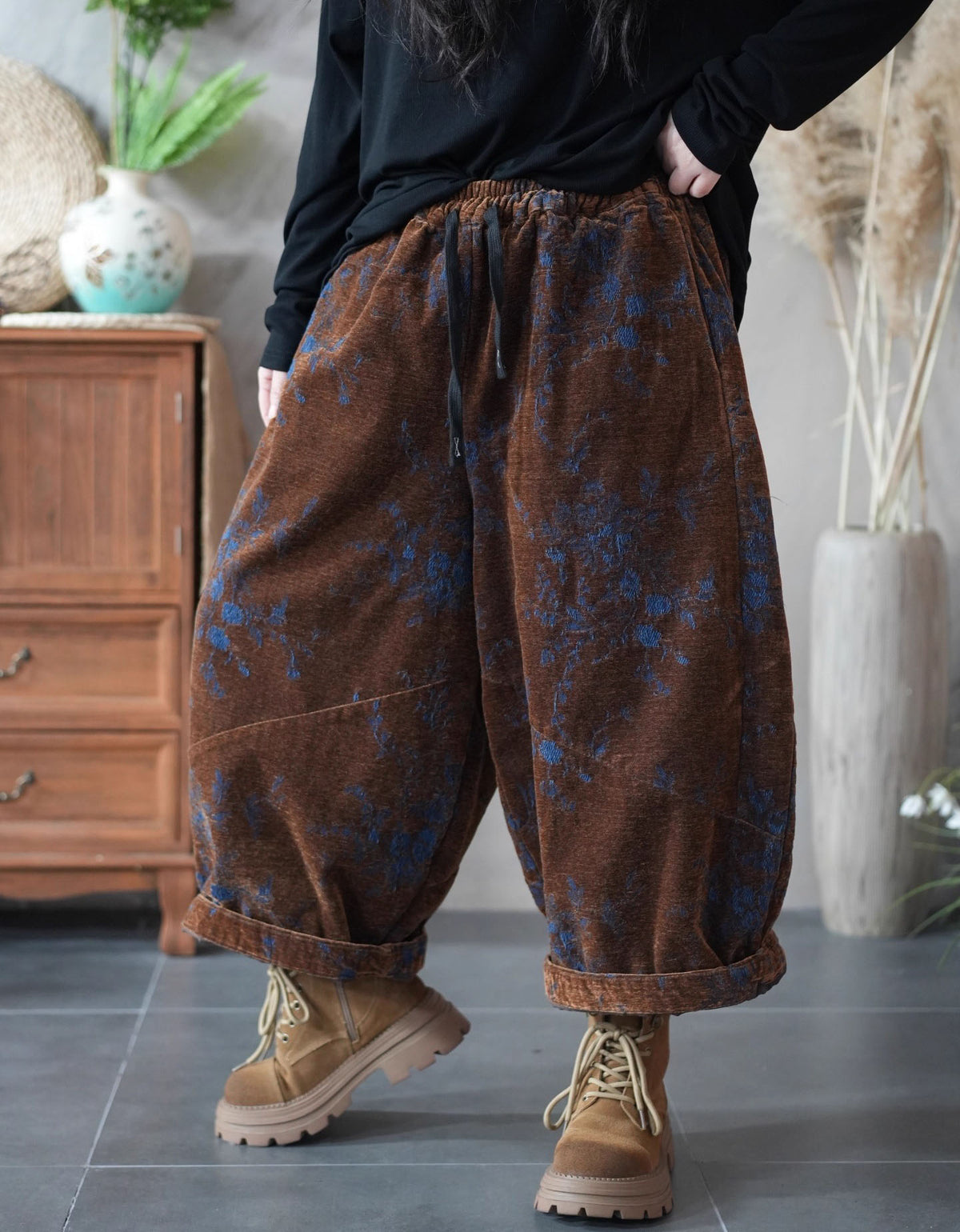 Women Winter Casual Embroidered Wide Leg Baggy Pants