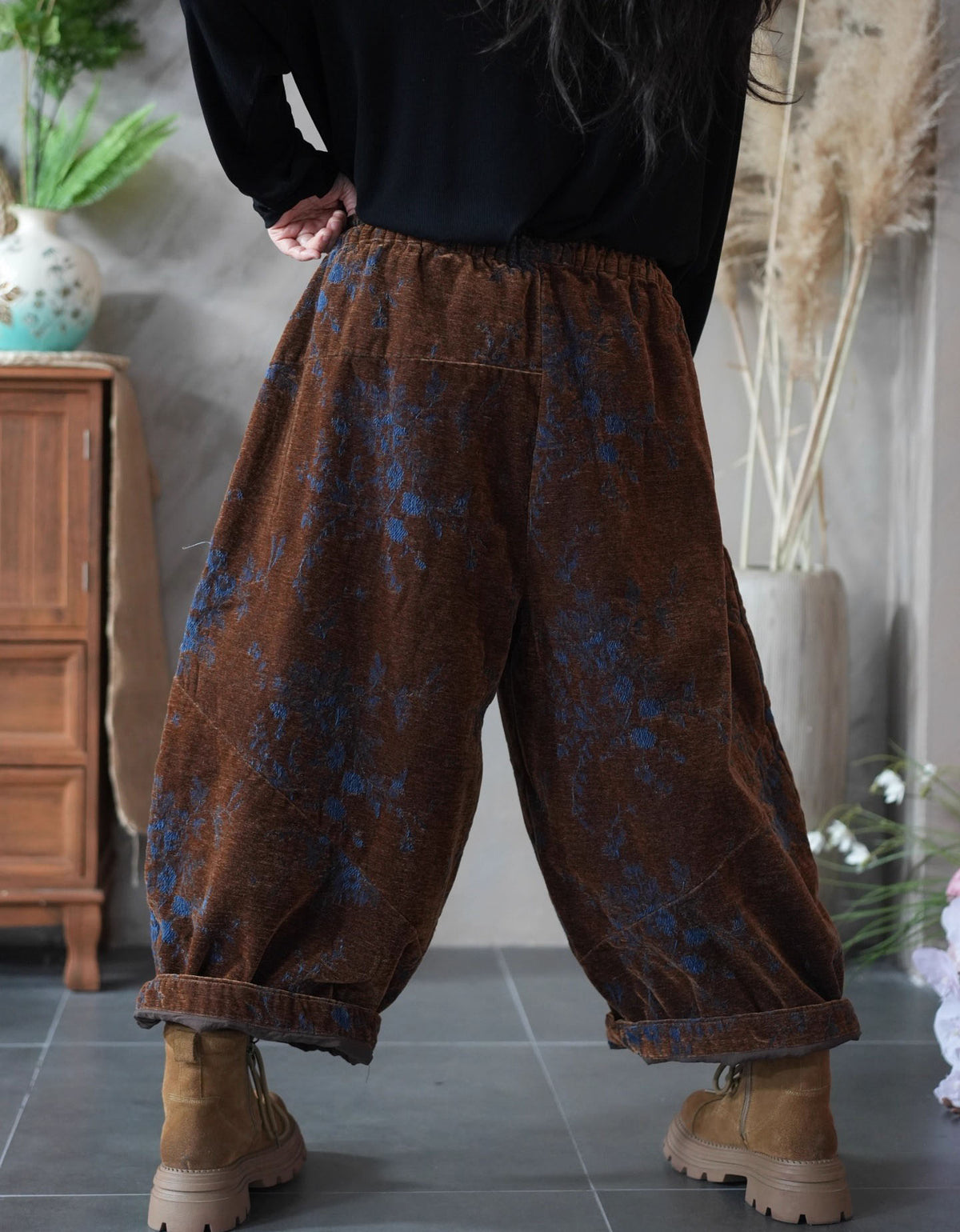 Women Winter Casual Embroidered Wide Leg Baggy Pants