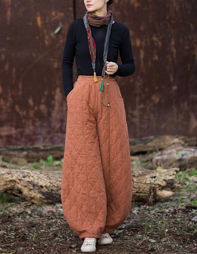 Women Winter Casual Pure Color Quilted Loose Lantern Pants
