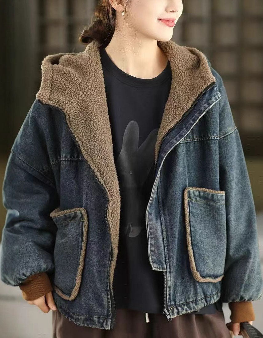 Women Winter Casual Reversible Sherpa Denim Hoodie Jacket