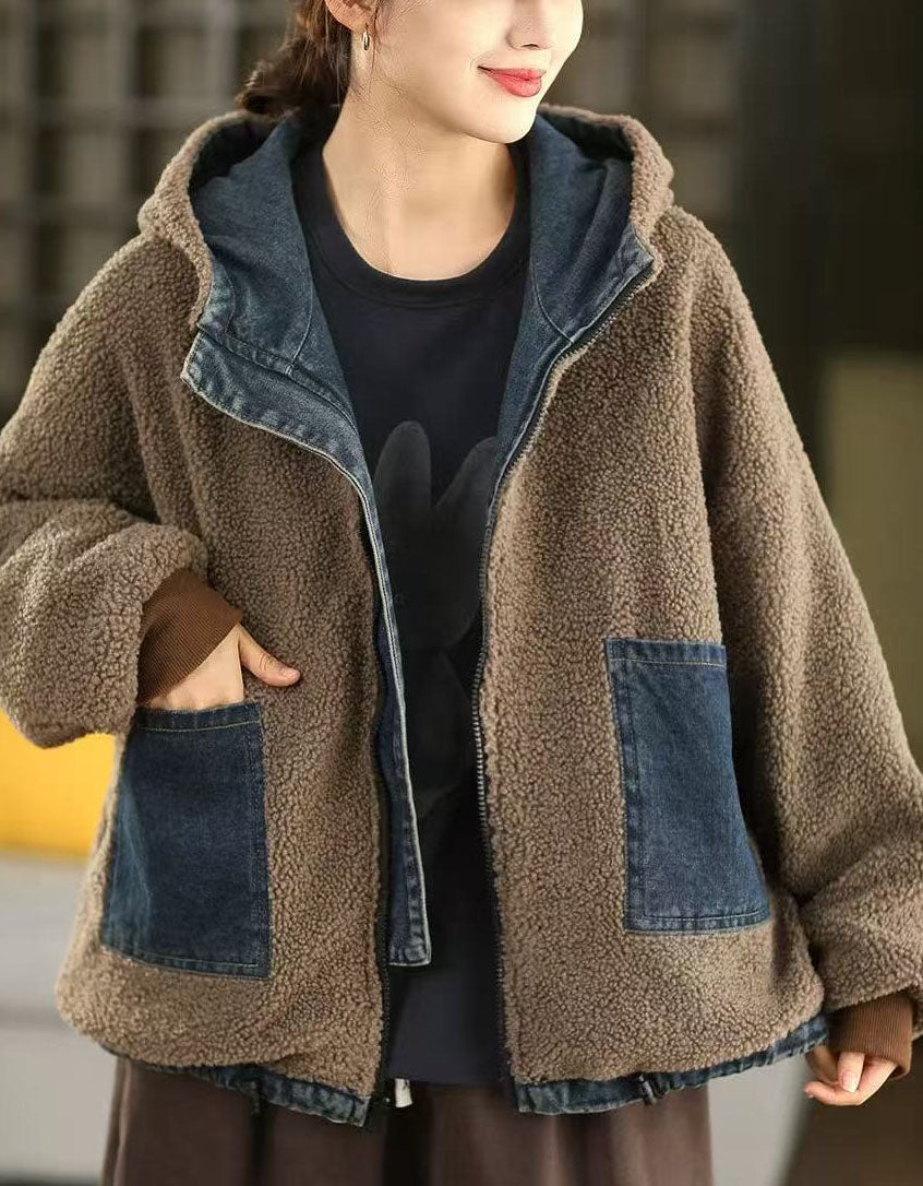 Women Winter Casual Reversible Sherpa Denim Hoodie Jacket