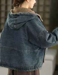 Women Winter Casual Reversible Sherpa Denim Hoodie Jacket