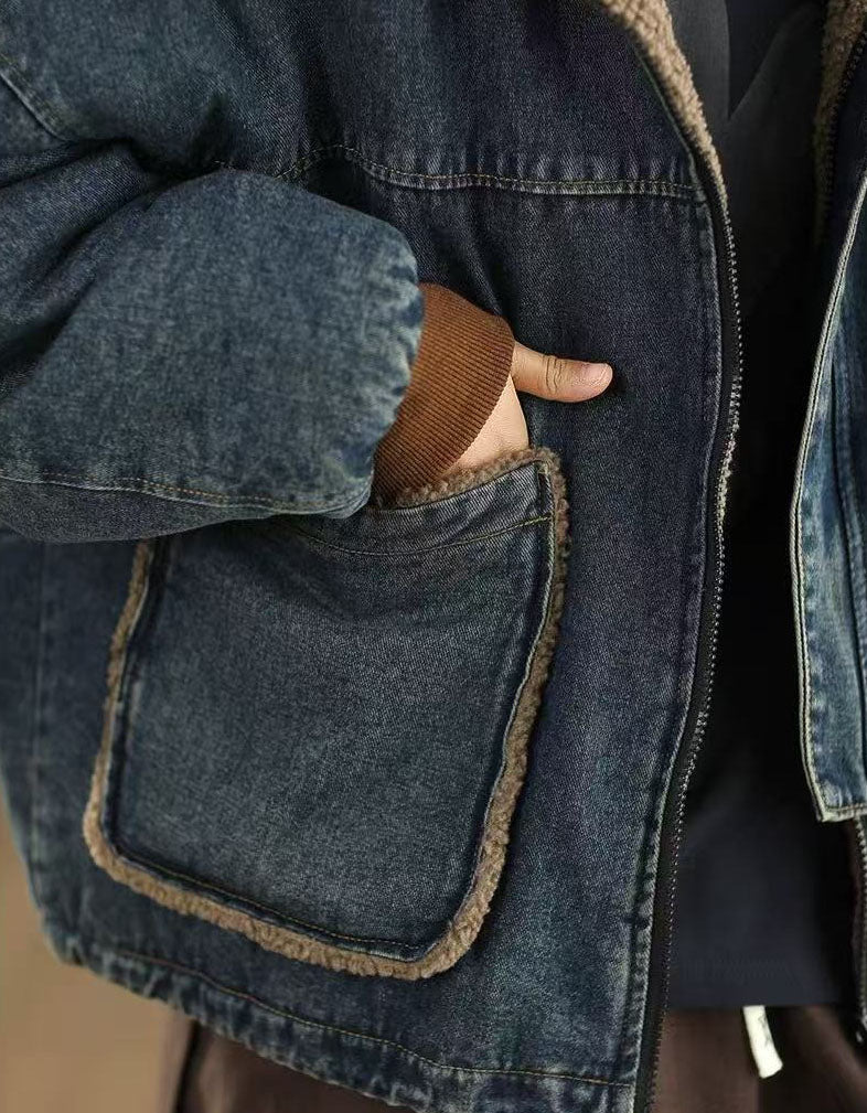 Women Winter Casual Reversible Sherpa Denim Hoodie Jacket