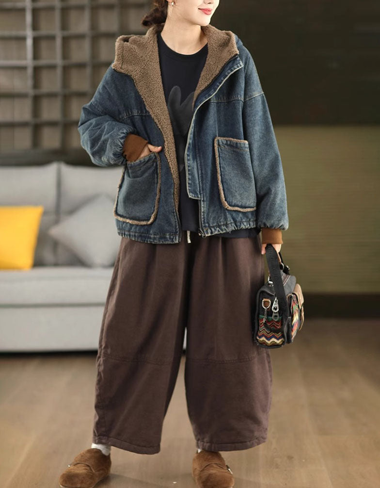 Women Winter Casual Reversible Sherpa Denim Hoodie Jacket