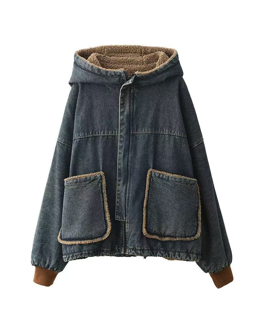 Women Winter Casual Reversible Sherpa Denim Hoodie Jacket