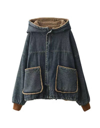 Women Winter Casual Reversible Sherpa Denim Hoodie Jacket