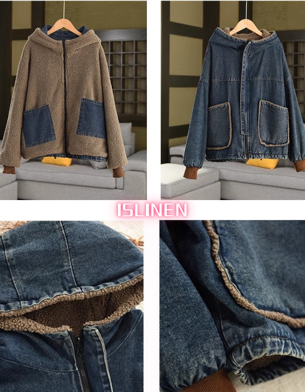 Women Winter Casual Reversible Sherpa Denim Hoodie Jacket