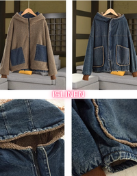 Women Winter Casual Reversible Sherpa Denim Hoodie Jacket