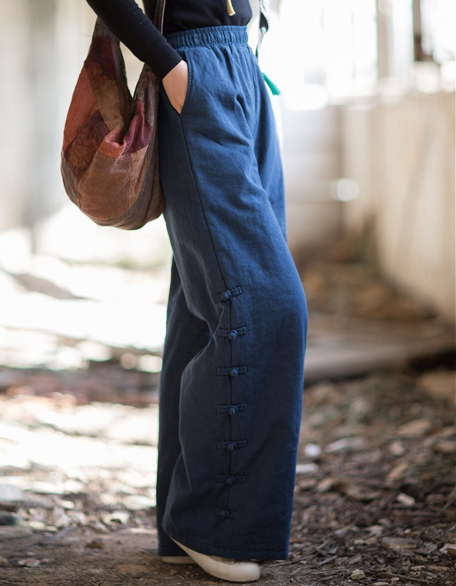 Women Winter Casual Side Button Straight Pants