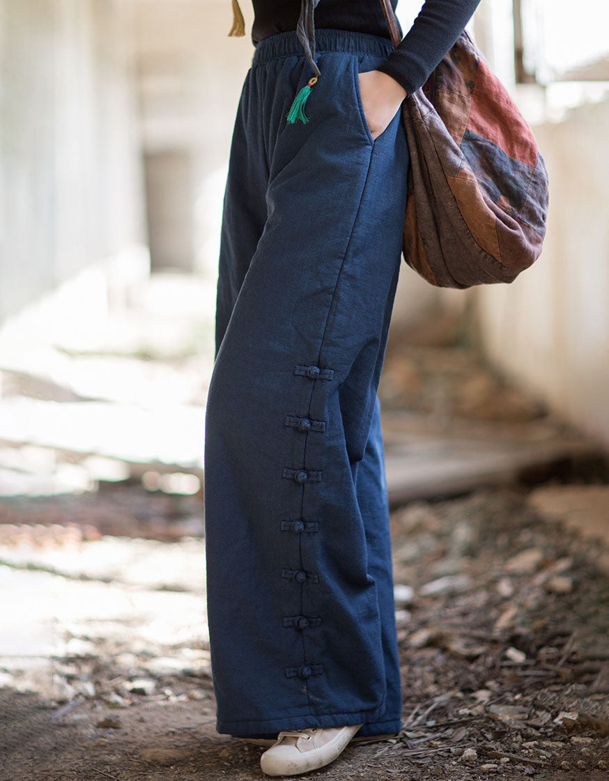 Women Winter Casual Side Button Straight Pants