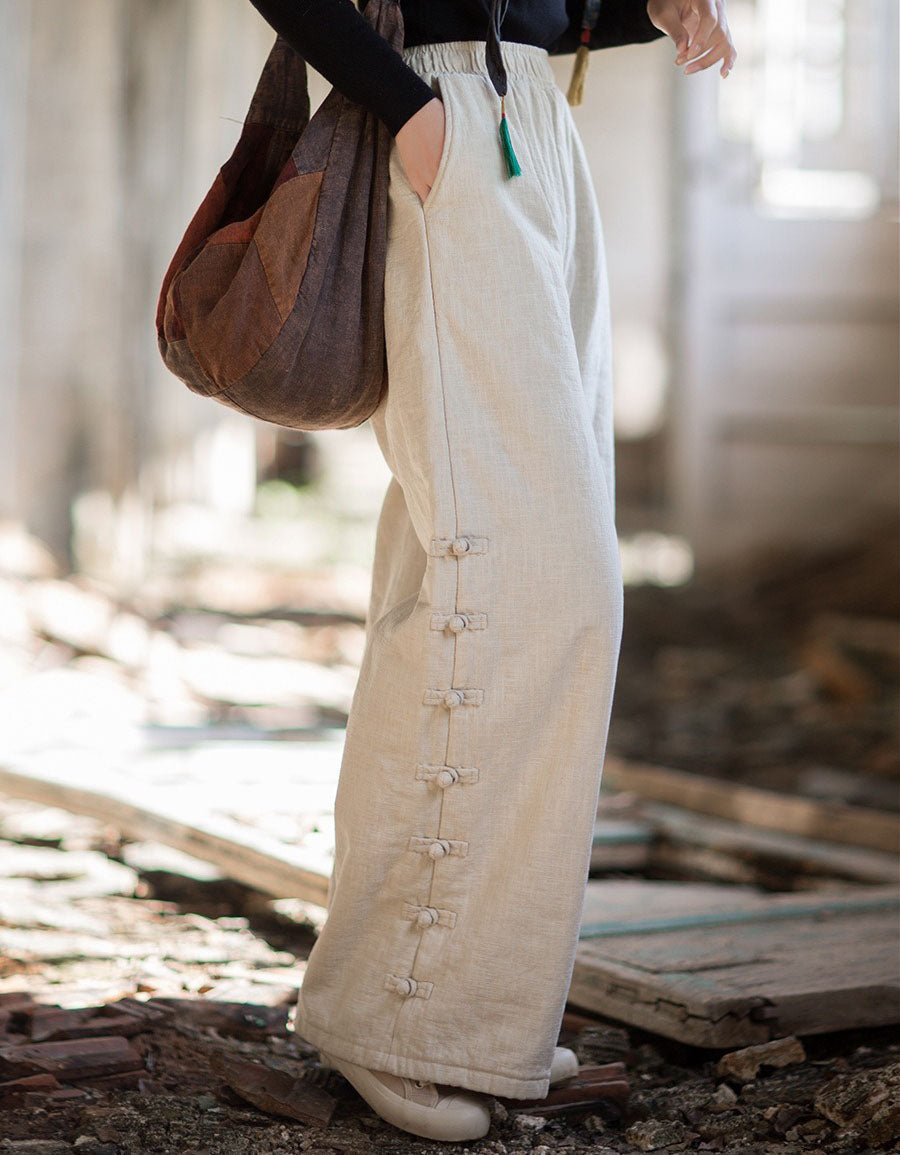 Women Winter Casual Side Button Straight Pants