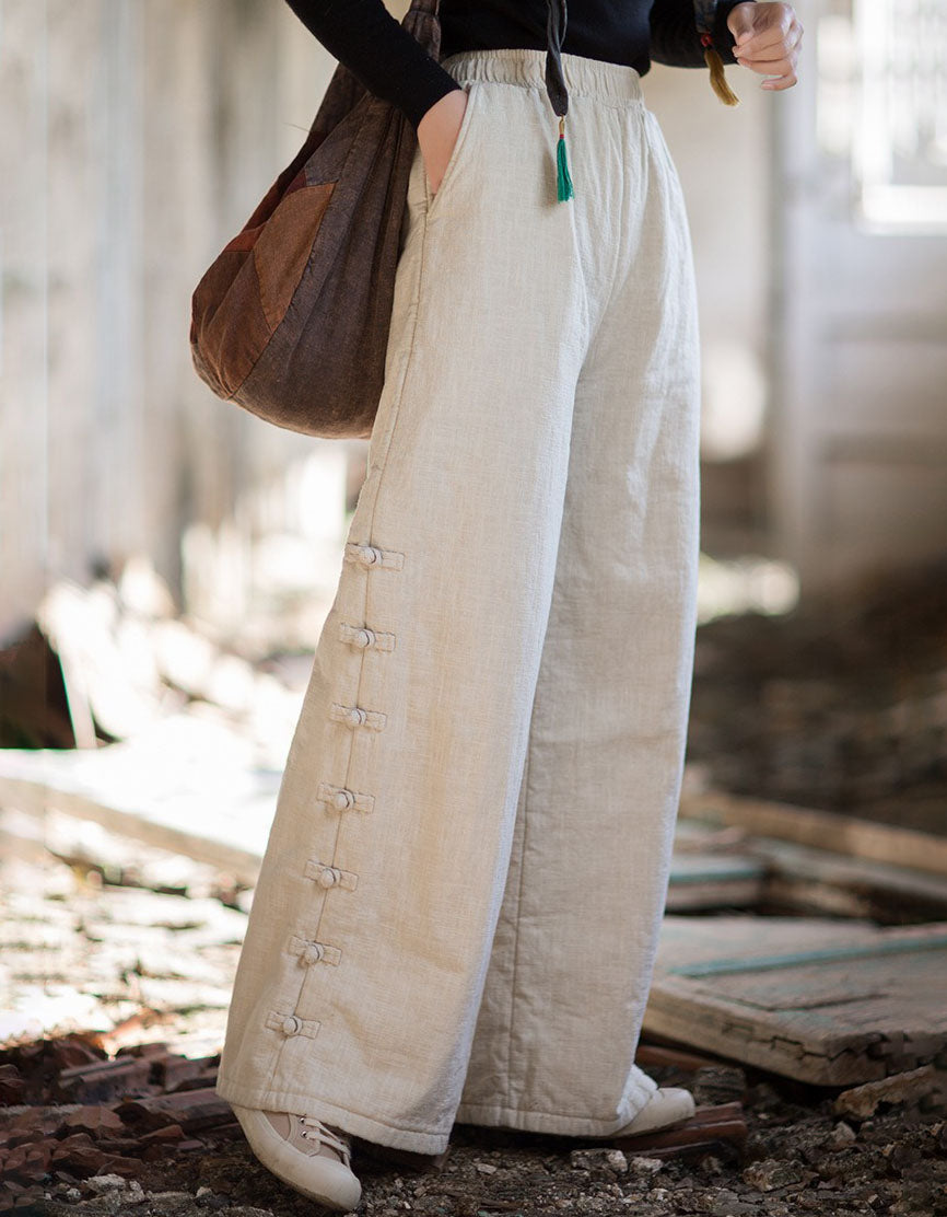 Women Winter Casual Side Button Straight Pants