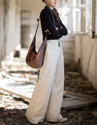 Women Winter Casual Side Button Straight Pants