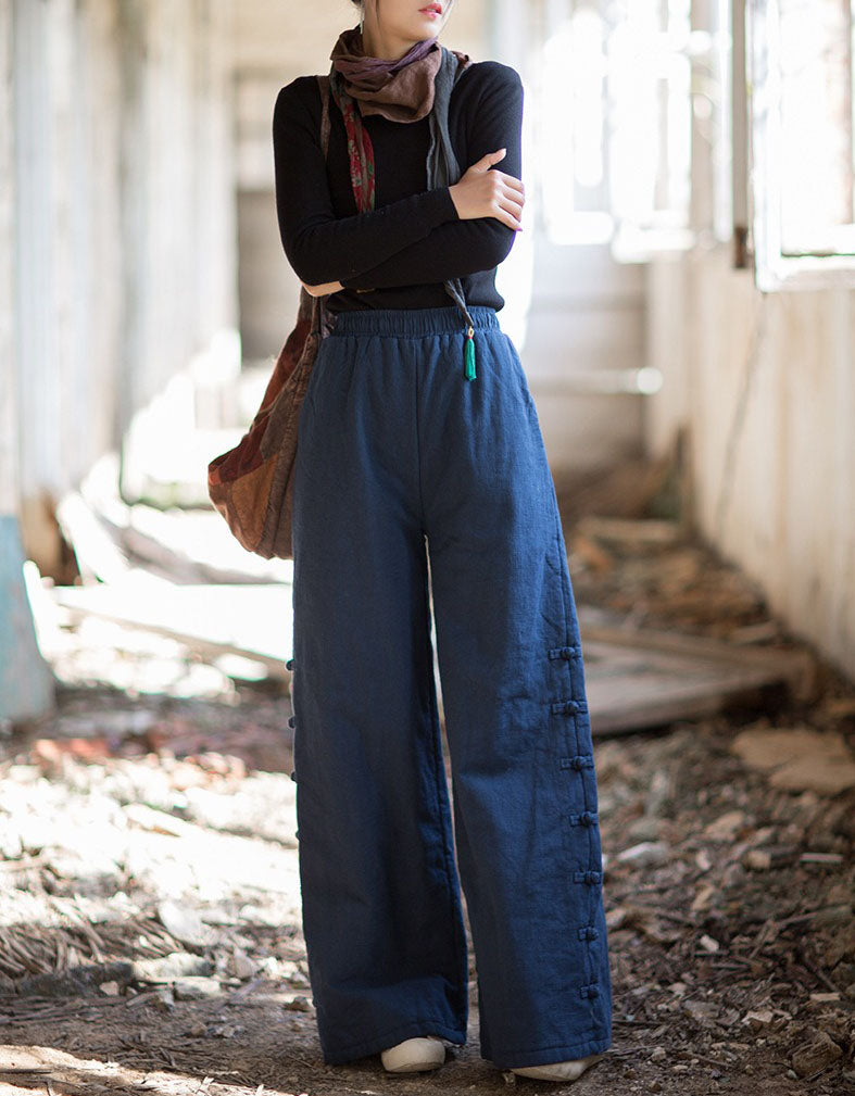 Women Winter Casual Side Button Straight Pants