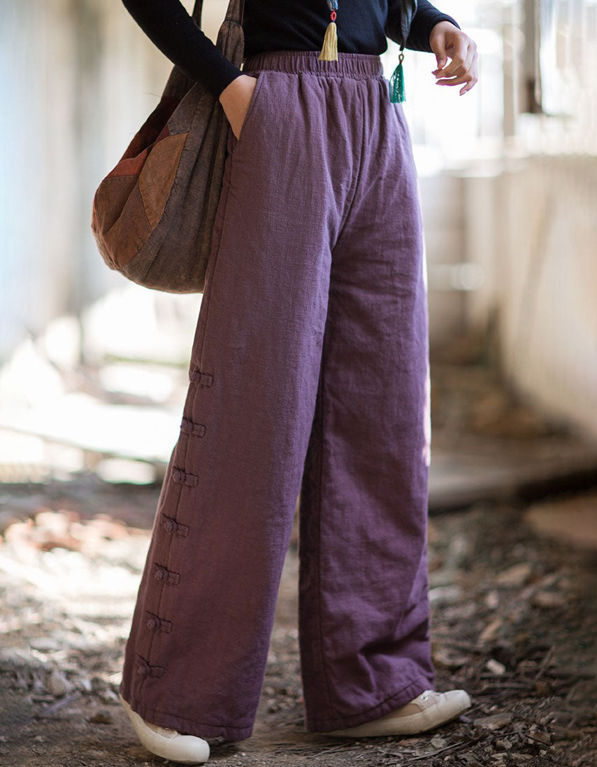 Women Winter Casual Side Button Straight Pants