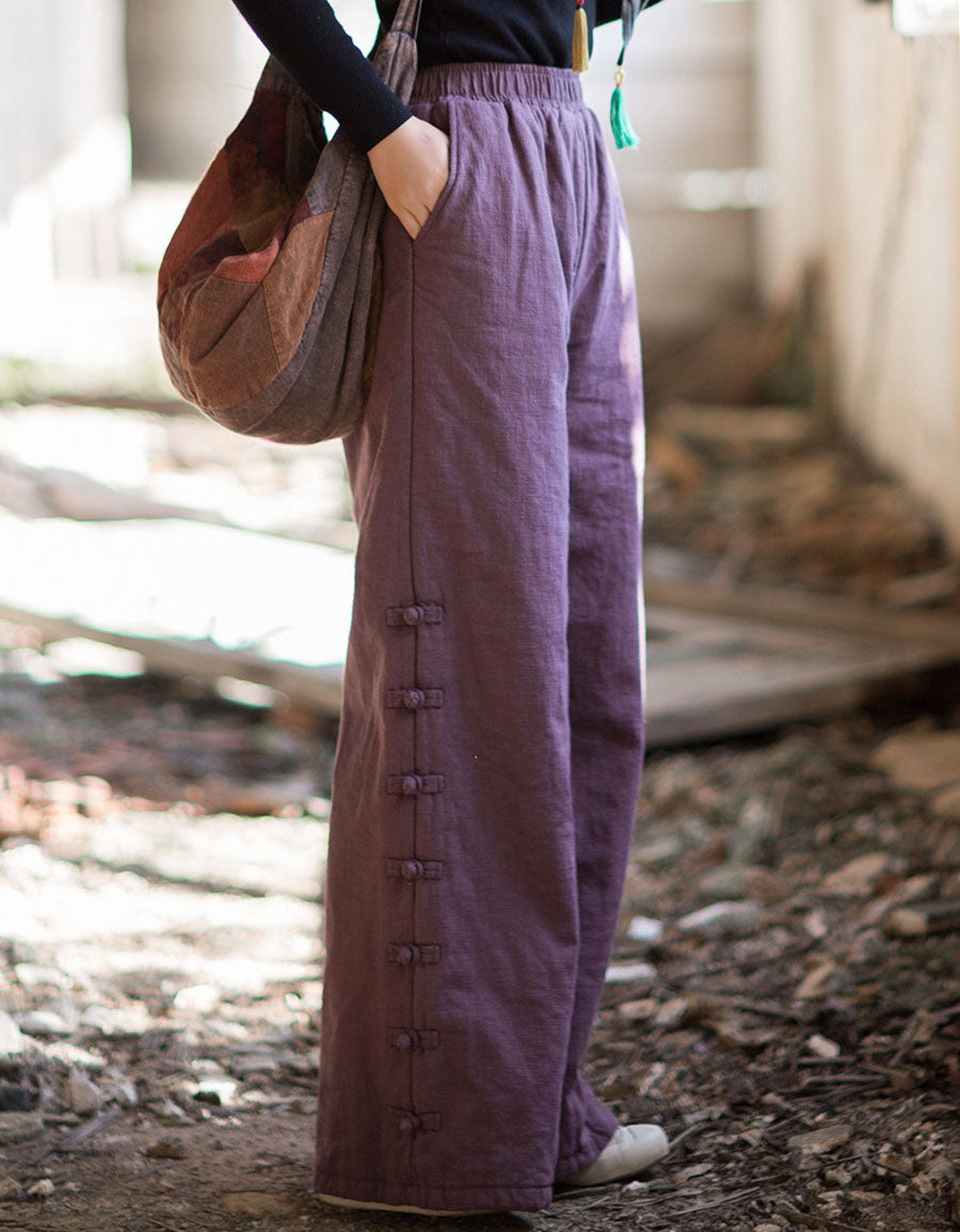 Women Winter Casual Side Button Straight Pants