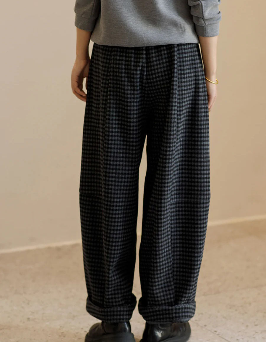 Women Winter Loose Fit Plaid Straight Trousers