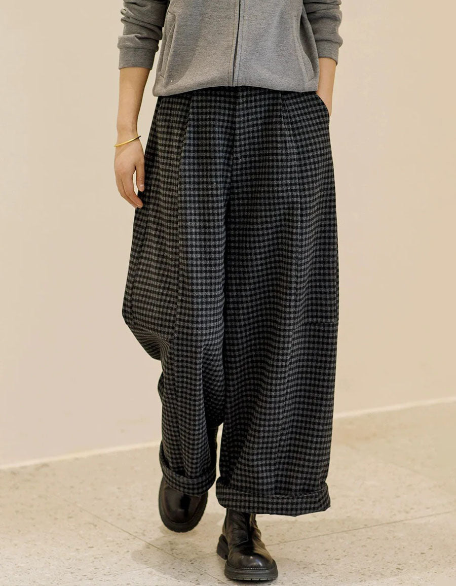 Women Winter Loose Fit Plaid Straight Trousers