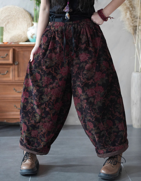 Women Winter Loose Floral Corduroy Wide-Leg Pants