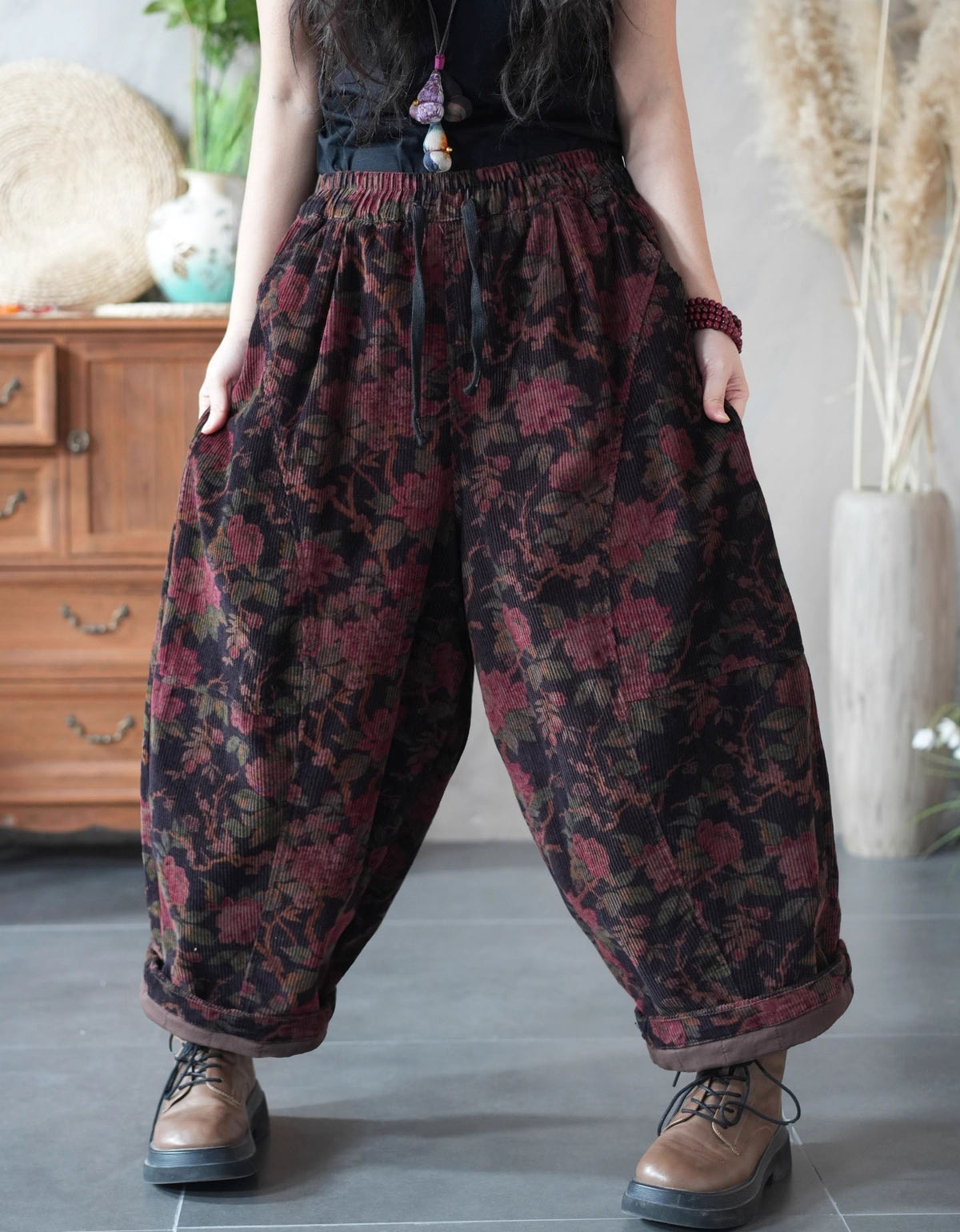 Women Winter Loose Floral Corduroy Wide-Leg Pants