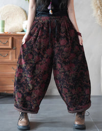 Women Winter Loose Floral Corduroy Wide-Leg Pants