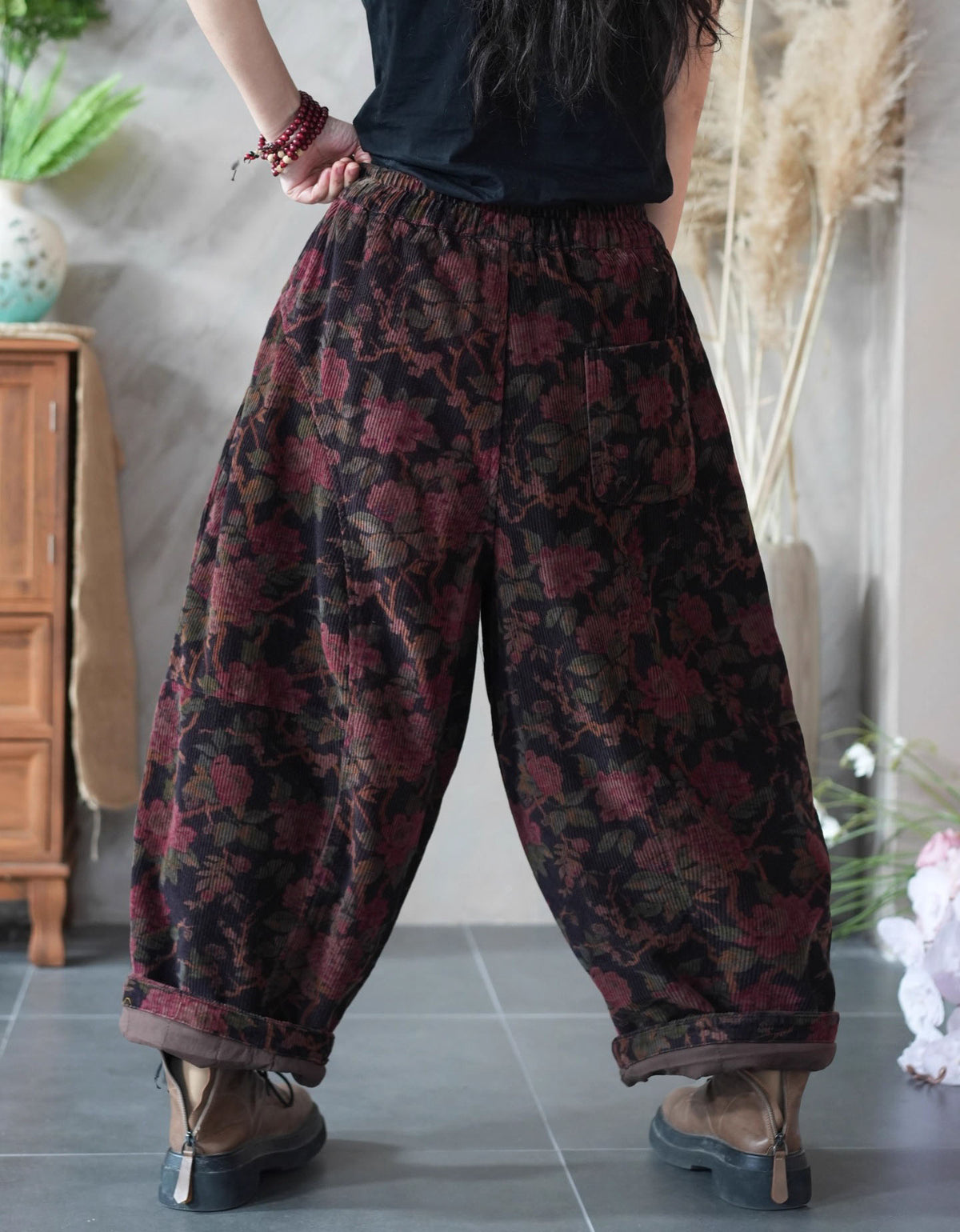 Women Winter Loose Floral Corduroy Wide-Leg Pants