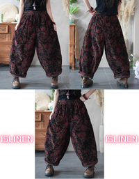 Women Winter Loose Floral Corduroy Wide-Leg Pants