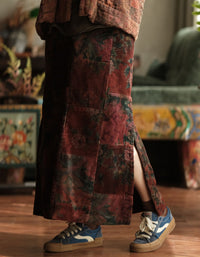 Women Winter Retro Floral Patchwork Corduroy Straight Skirt