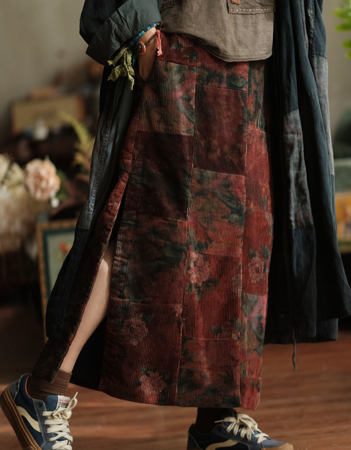 Women Winter Retro Floral Patchwork Corduroy Straight Skirt