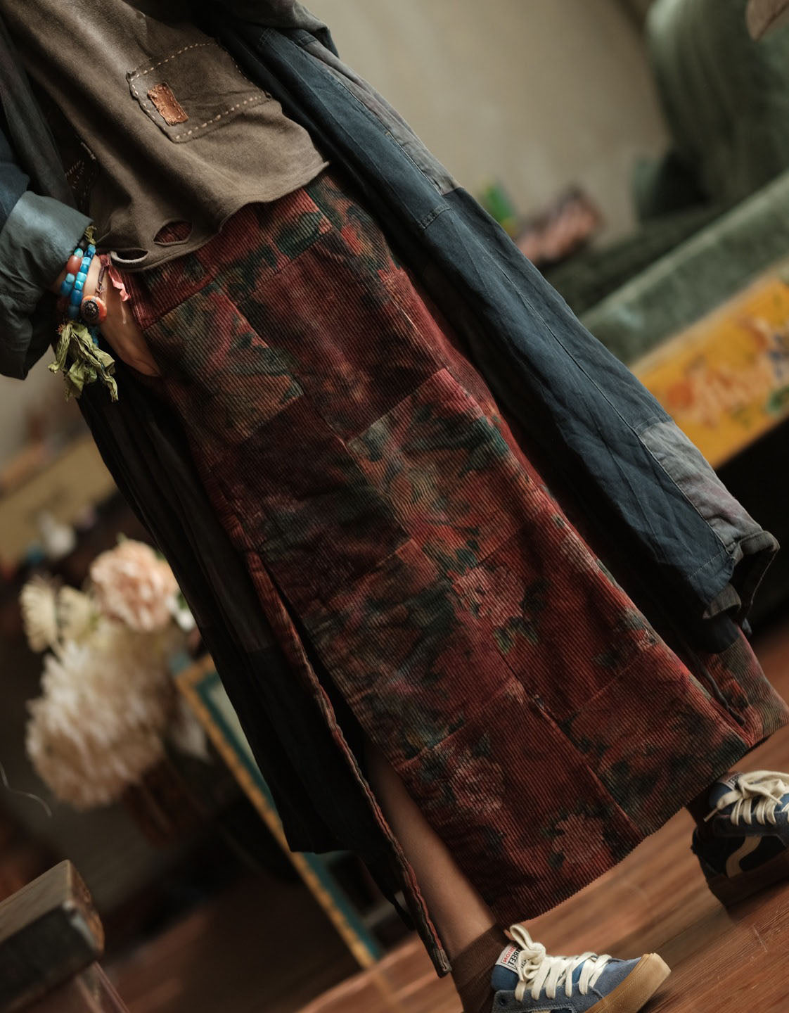 Women Winter Retro Floral Patchwork Corduroy Straight Skirt