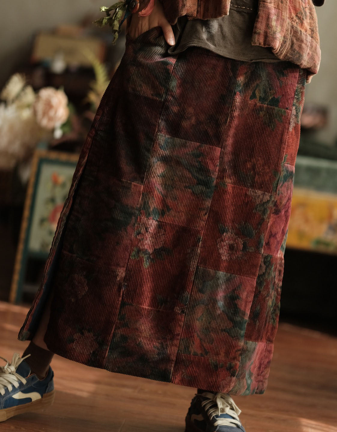 Women Winter Retro Floral Patchwork Corduroy Straight Skirt