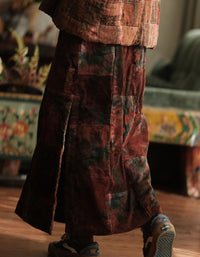 Women Winter Retro Floral Patchwork Corduroy Straight Skirt