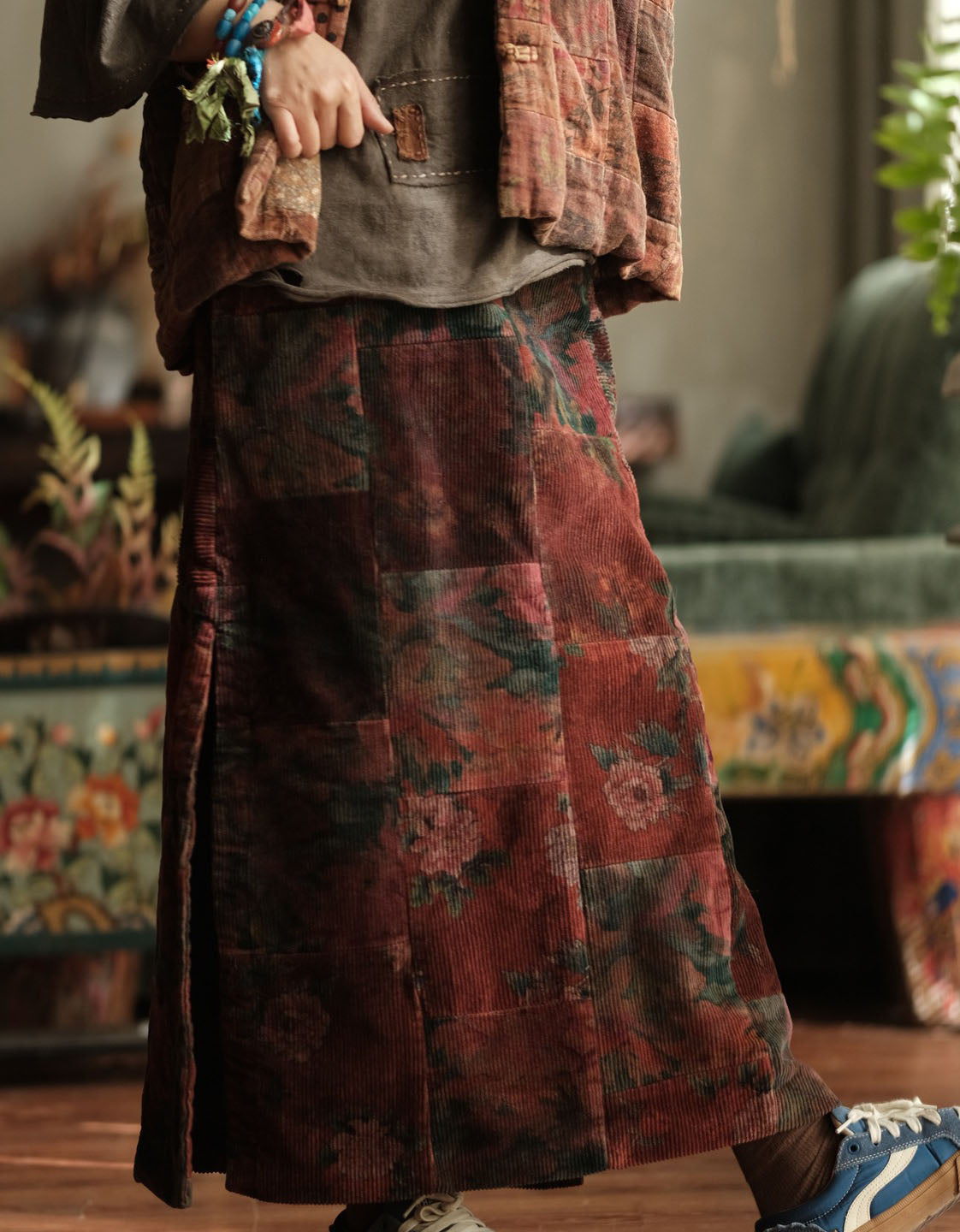 Women Winter Retro Floral Patchwork Corduroy Straight Skirt